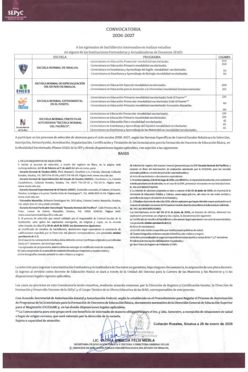 Convocatoria Educación Normal 2026-2027